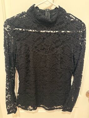 Sheer Black Lace Mock Neck Long-Sleeve Top